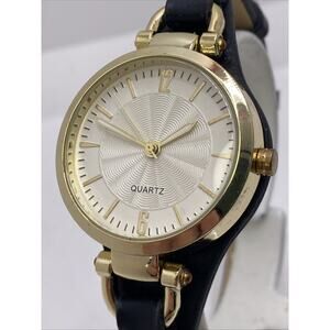 Womens Gold Tone Black Leather Watch New Battery